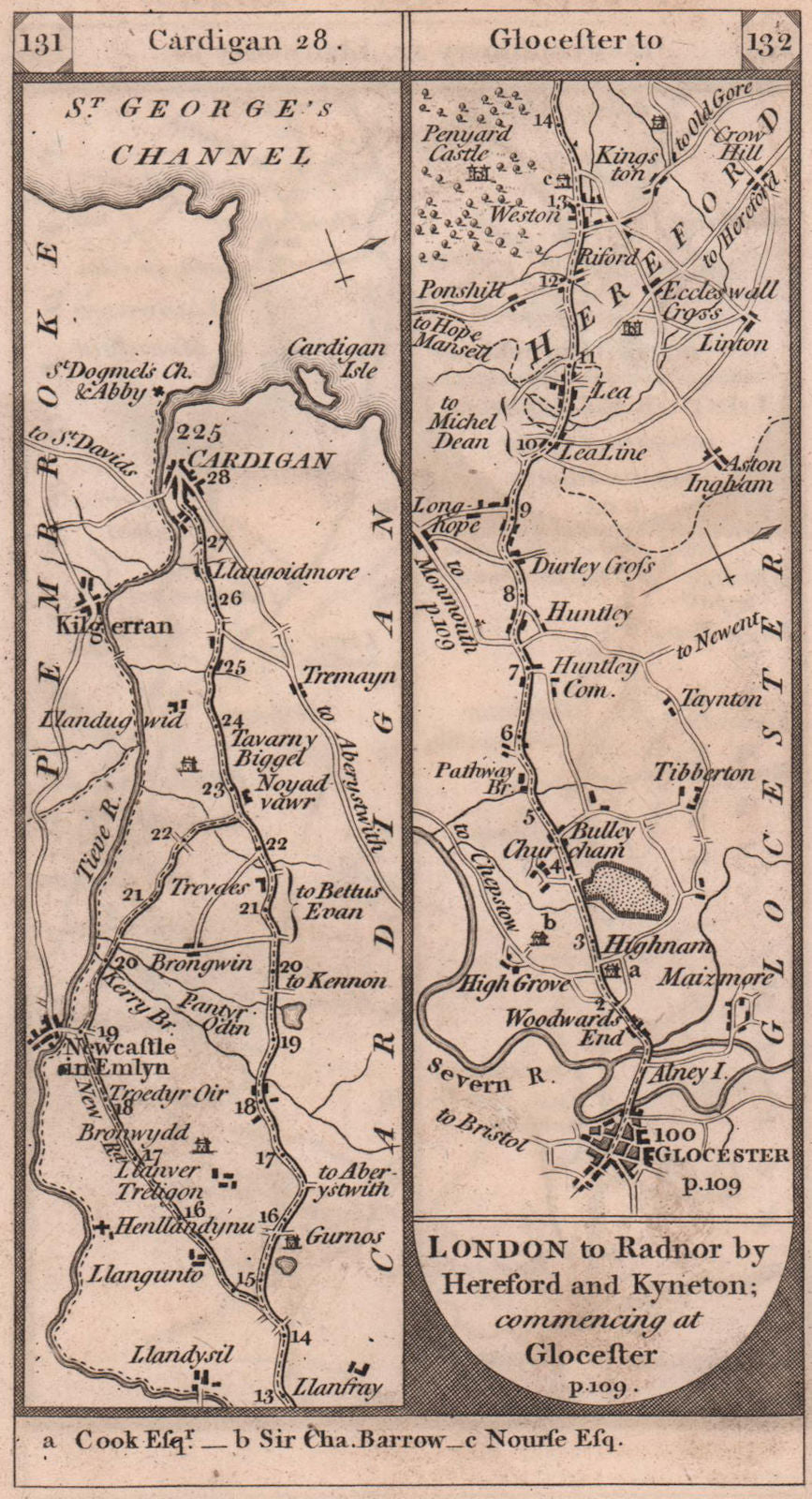 Newcastle Emlyn-Cardigan. Gloucester-Huntley road strip map PATERSON 1803